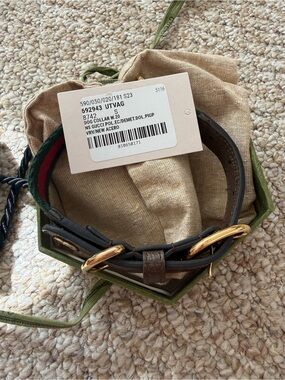 Gucci Brown Leather Dog Collar with Green and Red Web Stripe and Gold Hardware